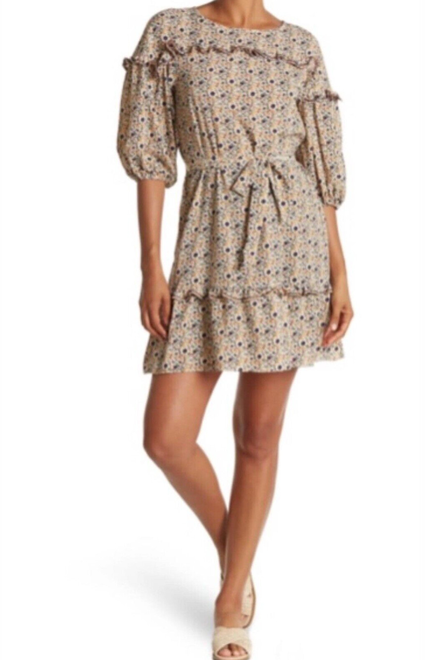 Max Studio Floral Ruffle Crepe Dress S 4 6 Puff Sleeve Tie Waist Boho Prairie